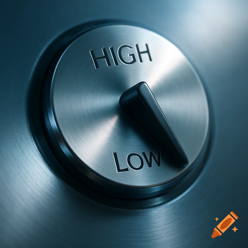 Close-up of a brushed metal dial with a black knob, showing 'HIGH' and 'LOW' settings.