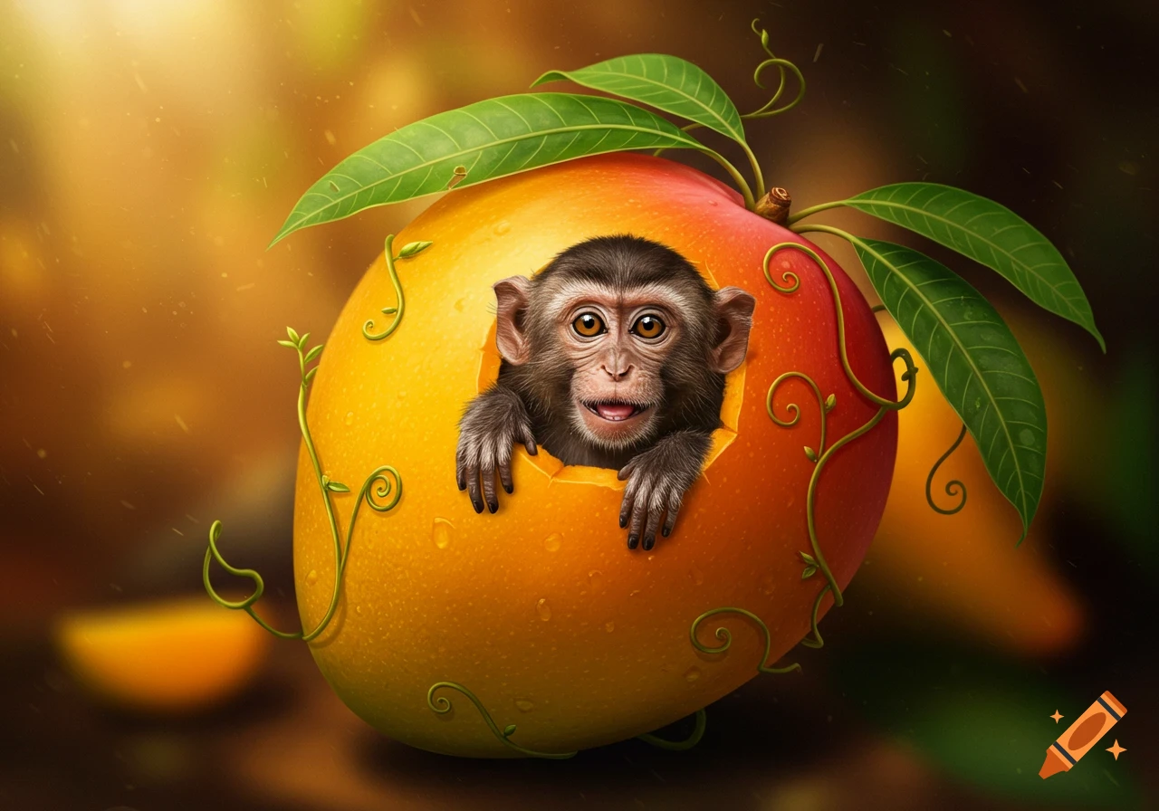 A cute baby monkey peeking out of a large, ripe mango with green leaves and vines, in a vibrant, illustrative style.