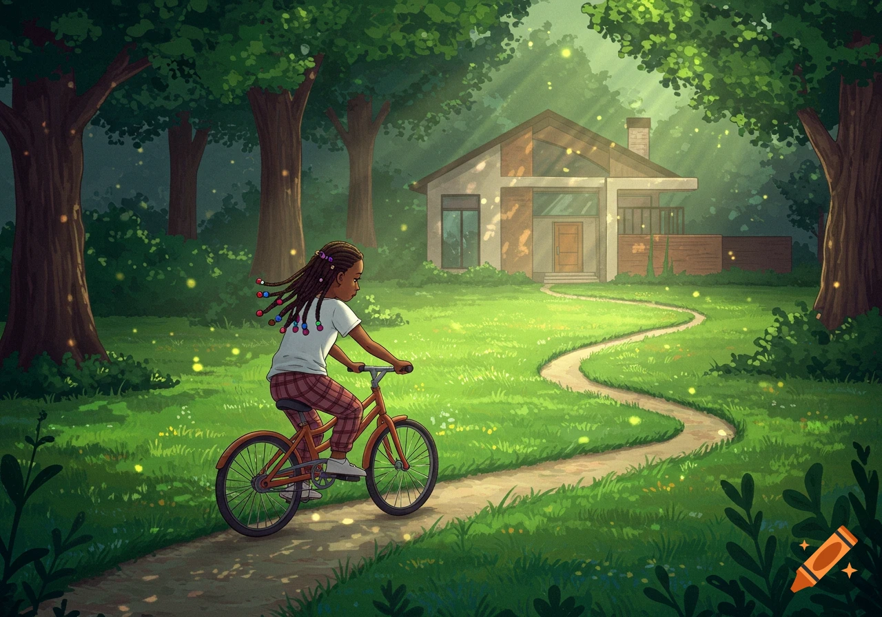 Whimsical illustration of a Black girl riding a bicycle on a path through a green yard towards a modern house.