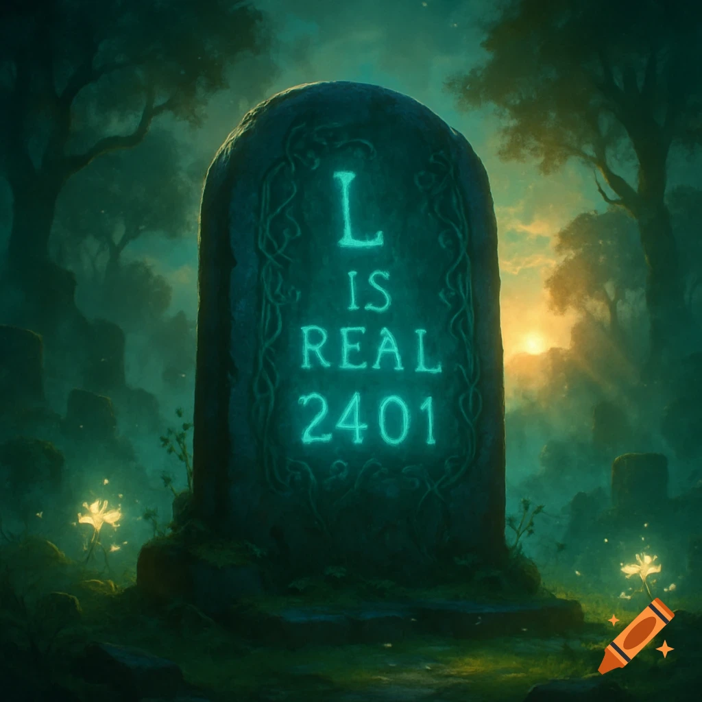 A glowing blue tombstone etched with "L IS REAL 2401" stands in a mystical, dark forest at sunrise.