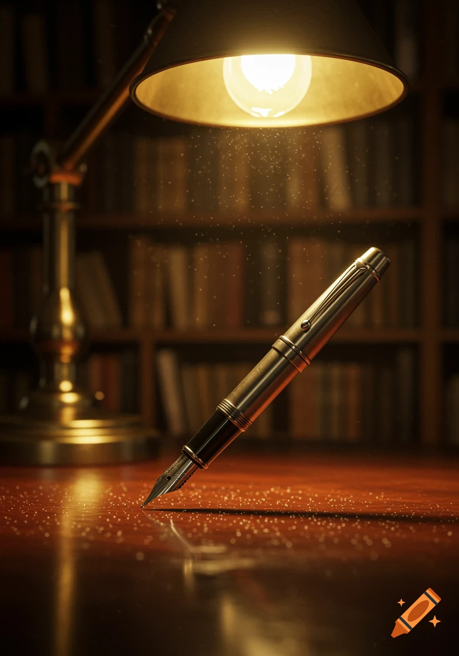 A fountain pen poised on a wooden desk under the warm glow of a desk lamp, with bookshelves in the blurred background.