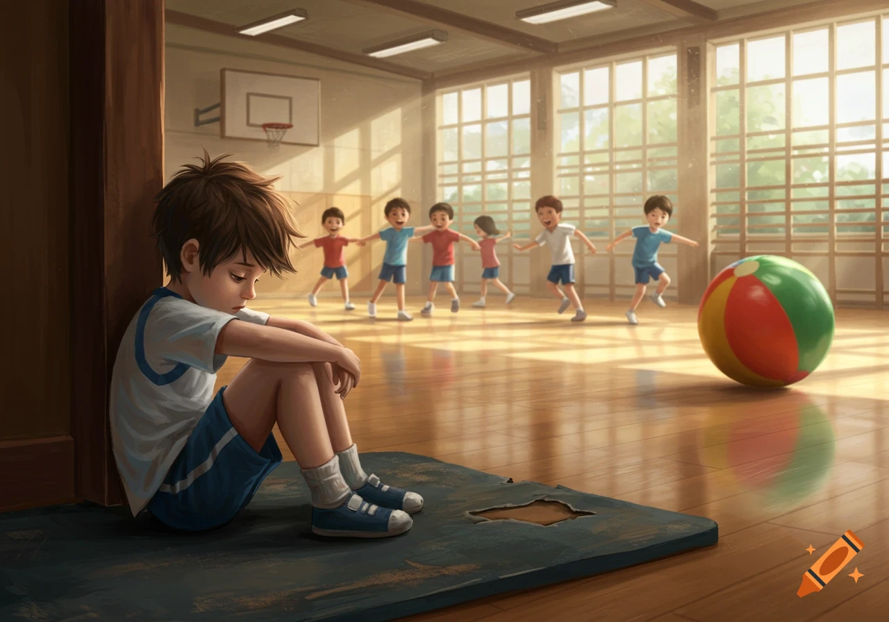 A sad boy sits alone on a torn mat in a sunny gym while other children play in the background. Digital illustration.