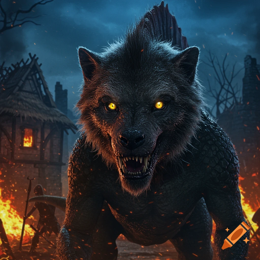 A snarling, wet-furred werewolf-like creature with glowing yellow eyes stands amidst the flames of a burning medieval town at night.