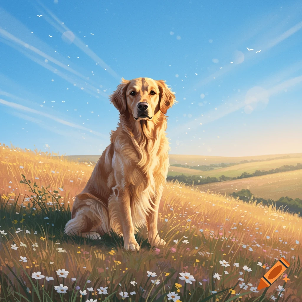 A golden retriever dog sits in a field of wildflowers under a bright blue sky with rays of light.