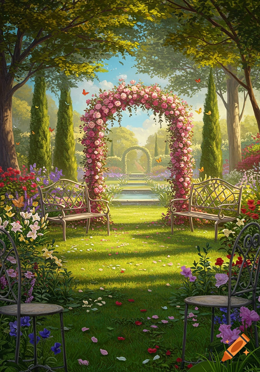 A vibrant, enchanting garden with a pink rose archway, two benches, lush green grass, and various colorful flowers under a sunny sky.