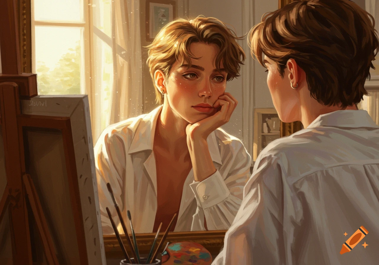 A person with short brown hair looks at their reflection in a mirror in a sunlit artist's studio with an easel and paints.