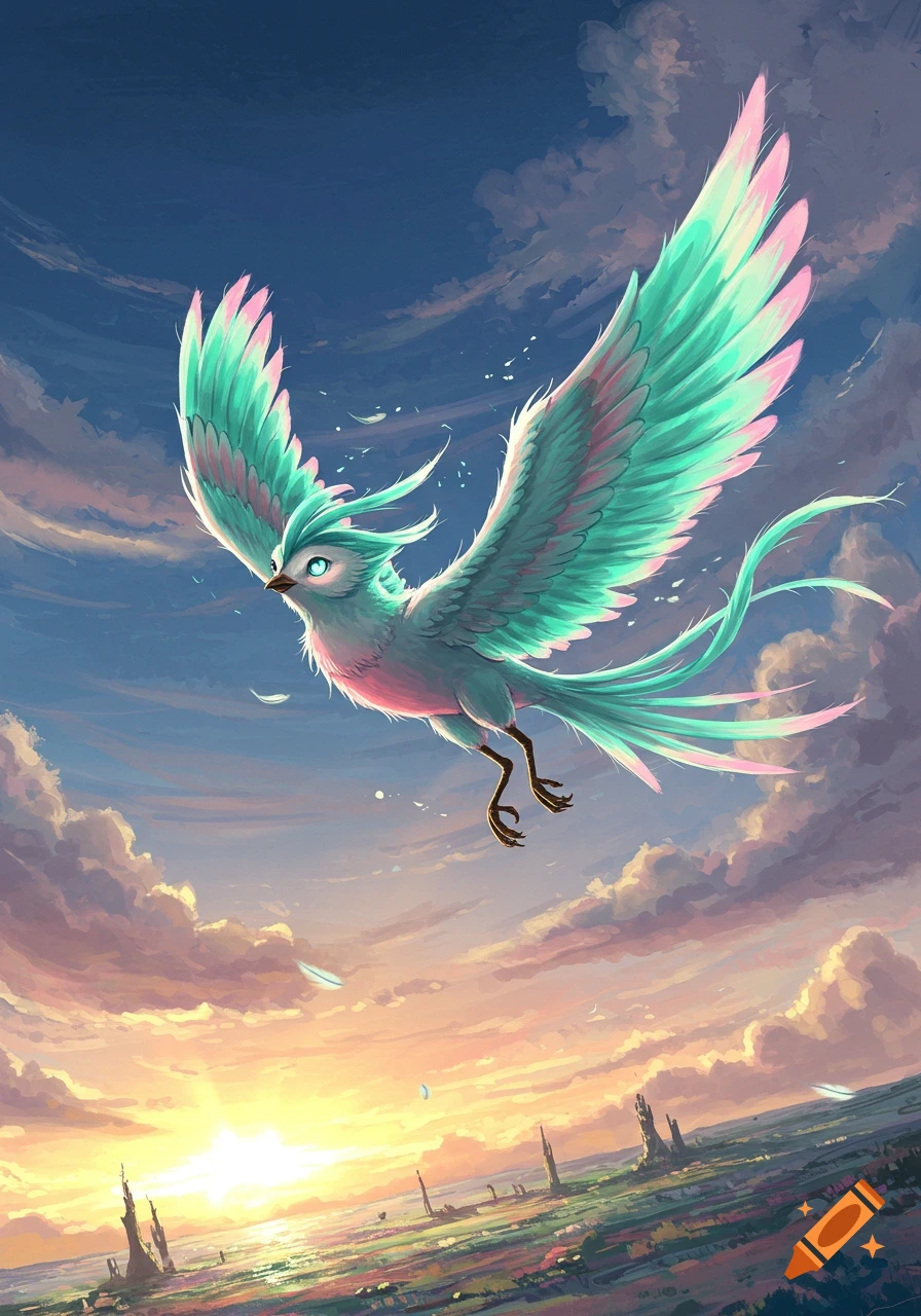 A vibrant turquoise and pink fantastical bird soars through a sunset sky over an ethereal landscape in an anime style.