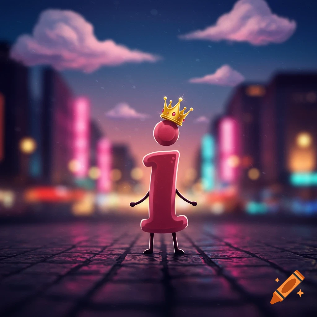A cartoon-style personified lowercase 'i' wearing a gold crown stands on a cobbled street in a neon-lit city at dusk.