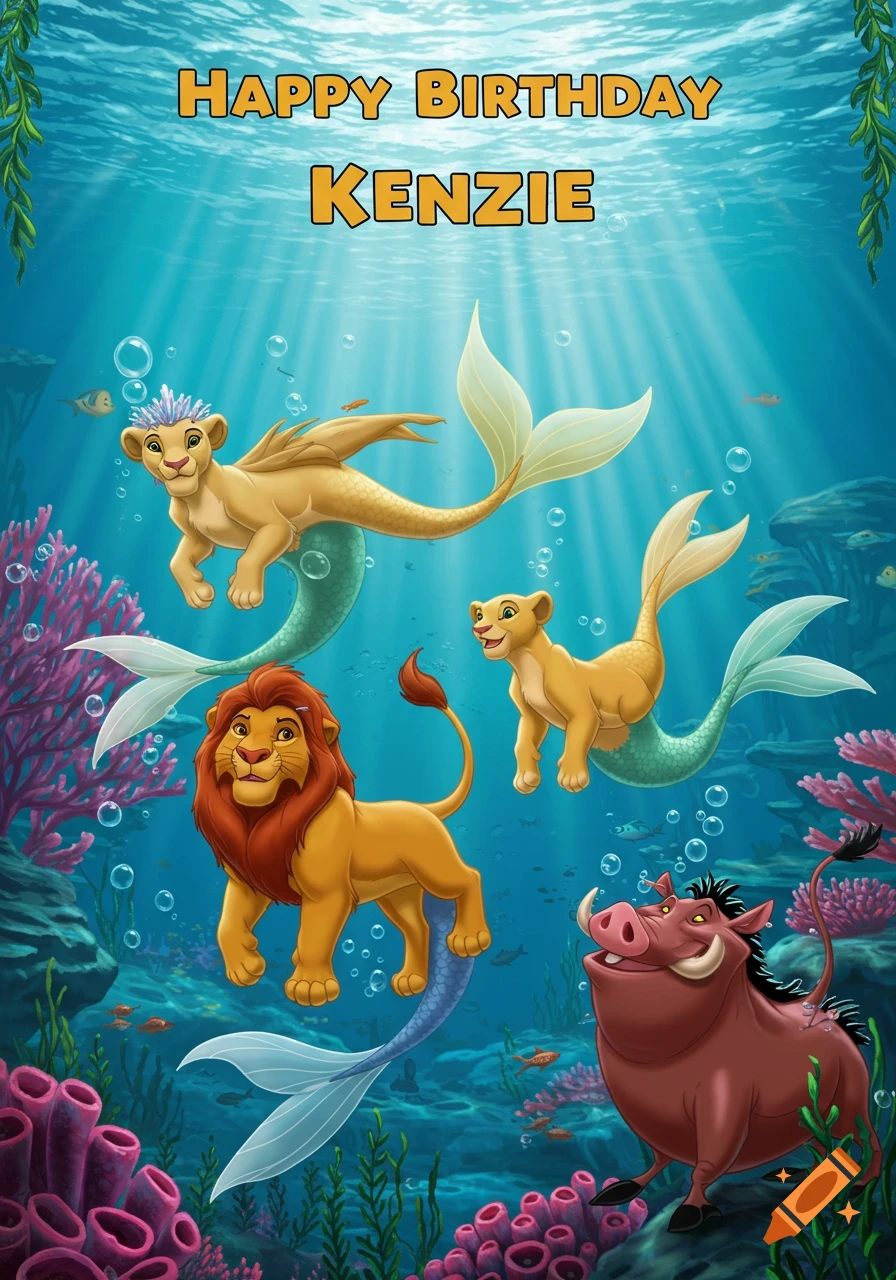 Cartoon Lion King characters as mermaids underwater with Pumbaa, text says 'HAPPY BIRTHDAY KENZIE'.