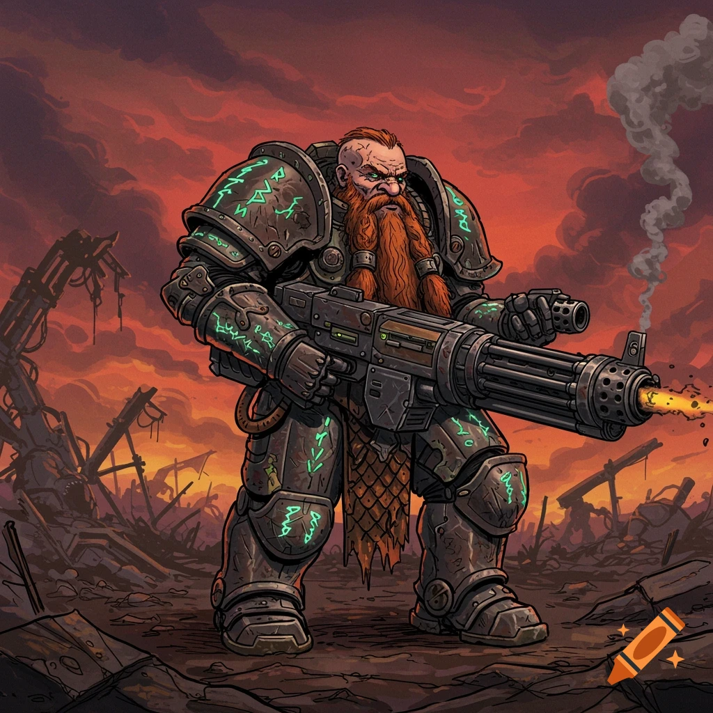 A hand-drawn sci-fi image of an adult dwarf in battle-worn runic power armor, holding a massive heavy machine gun on a battlefield under a red sky.