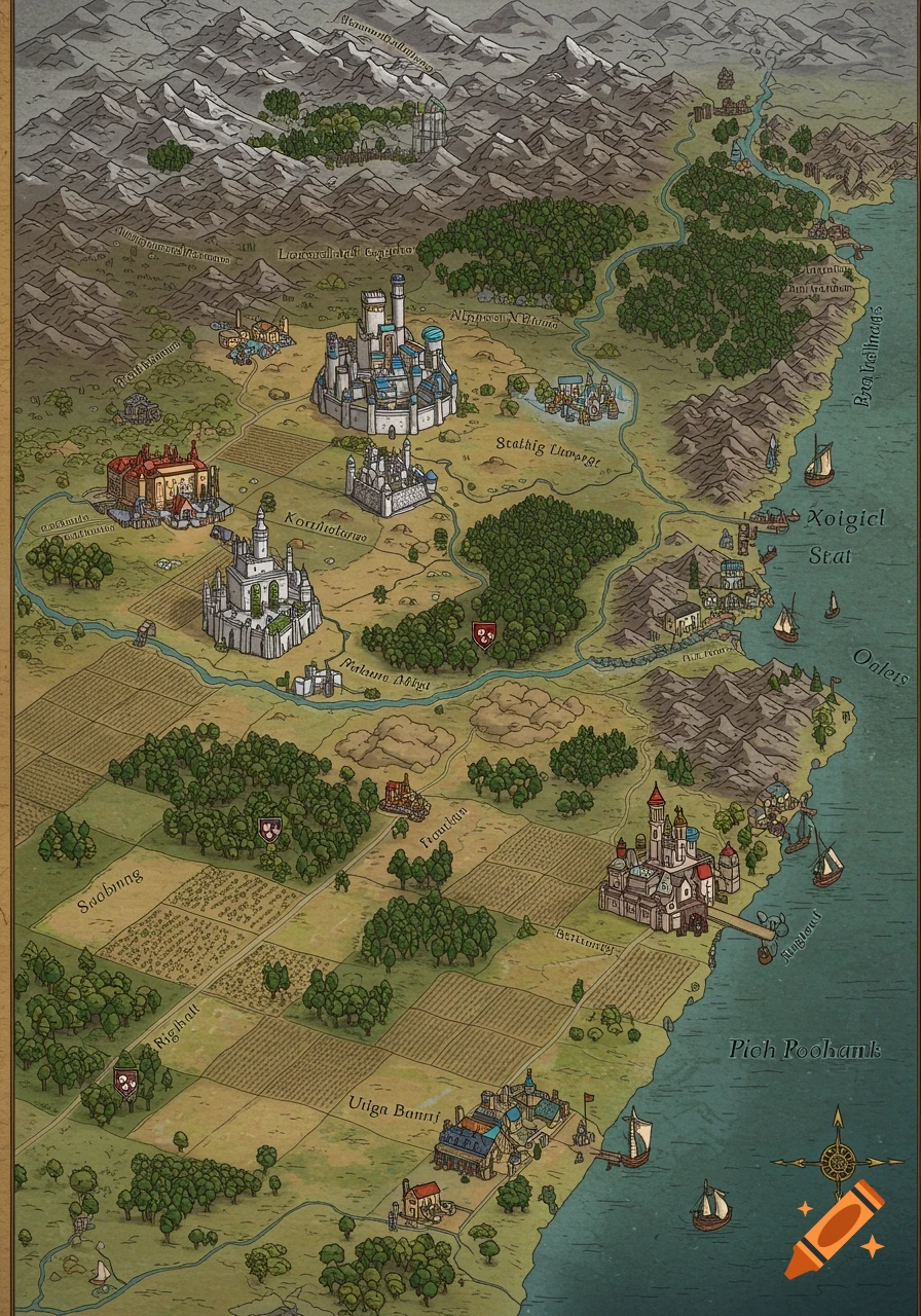 An isometric fantasy map showing a province with mountains, forests, rivers, and a coast with port towns. It features various castles, towns, and agricultural fields in a medieval style.