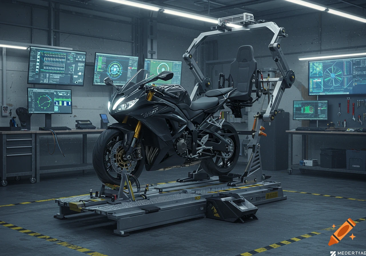 A black sportbike is mounted on a high-tech motion platform in a detailed R&D lab with multiple data monitors displaying graphs.