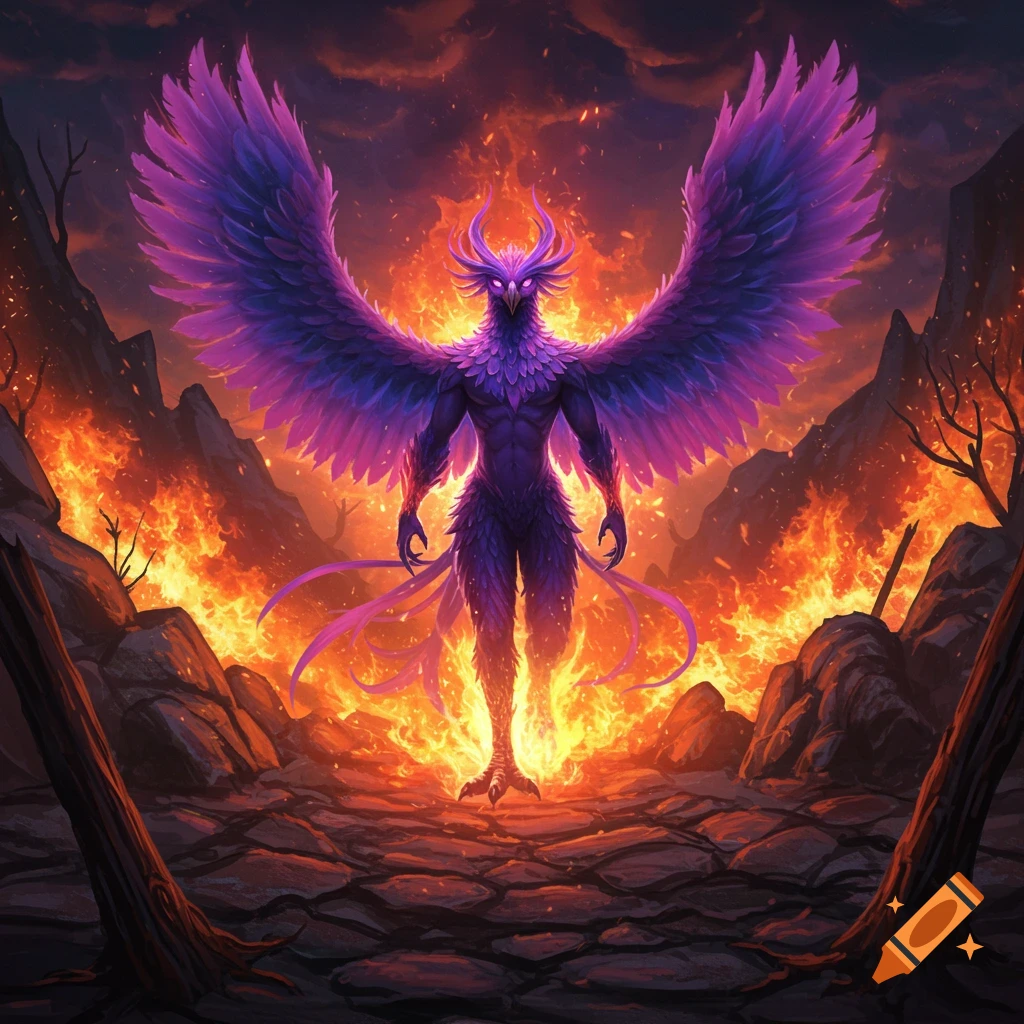 A vibrant purple humanoid phoenix with large wings stands amidst a fiery, desolate landscape with mountains and dead trees.