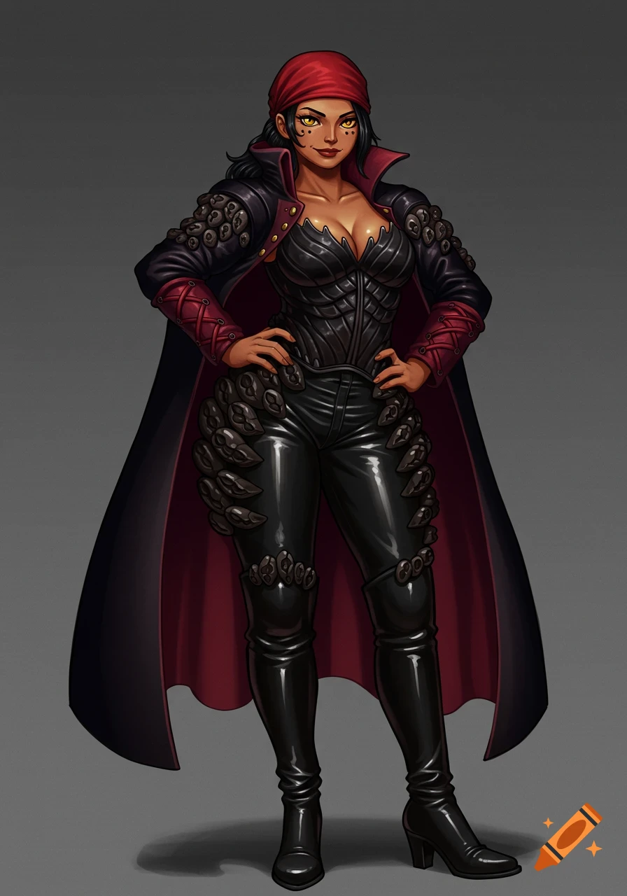 A confident female fantasy character with a red bandana, yellow eyes, wearing black leather armor, cape, and thigh-high boots, in an anime art style.