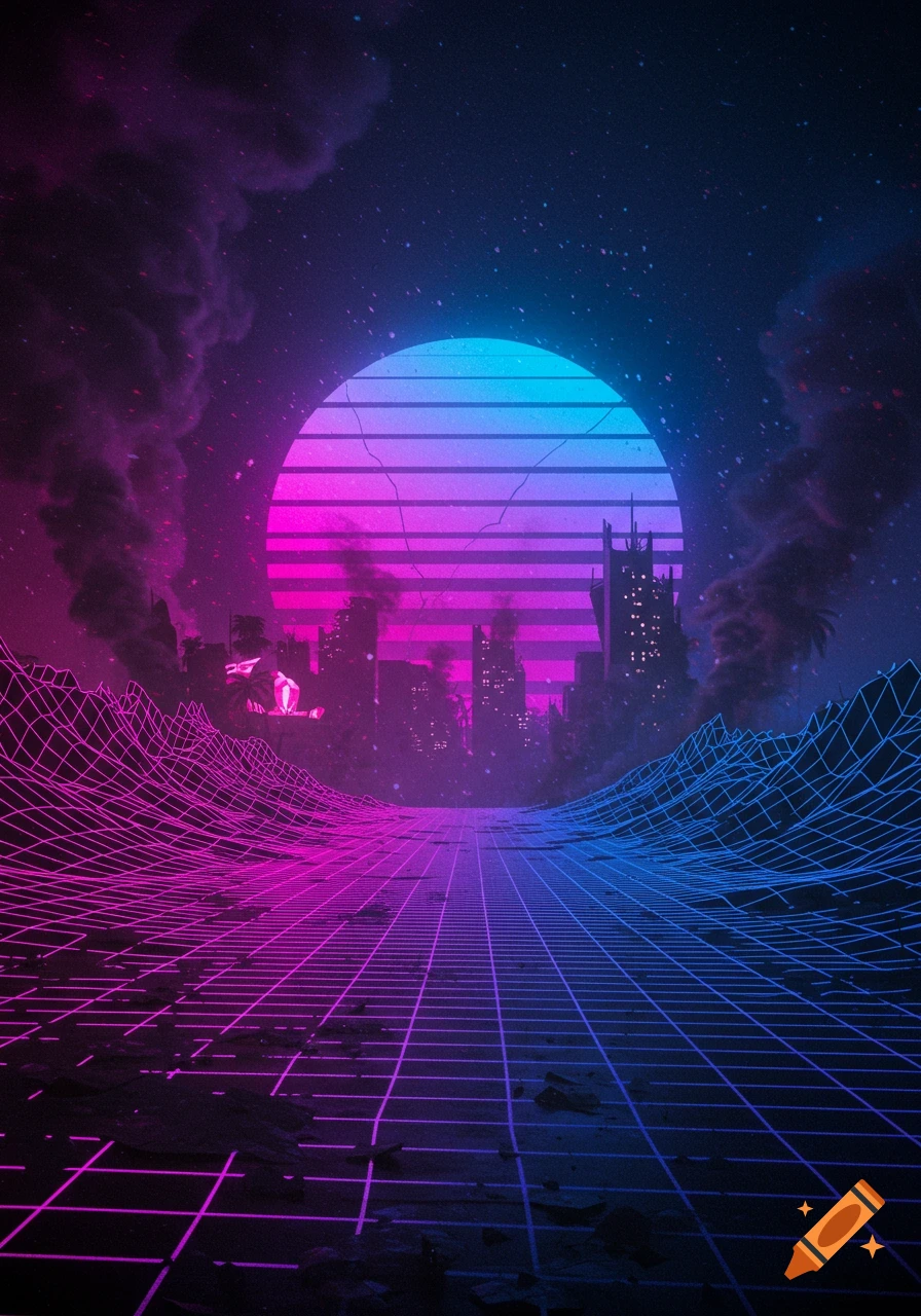 A vibrant synthwave landscape with a large striped sun over a damaged city skyline, featuring a foreground of glowing blue and pink wireframe grids and scattered debris.
