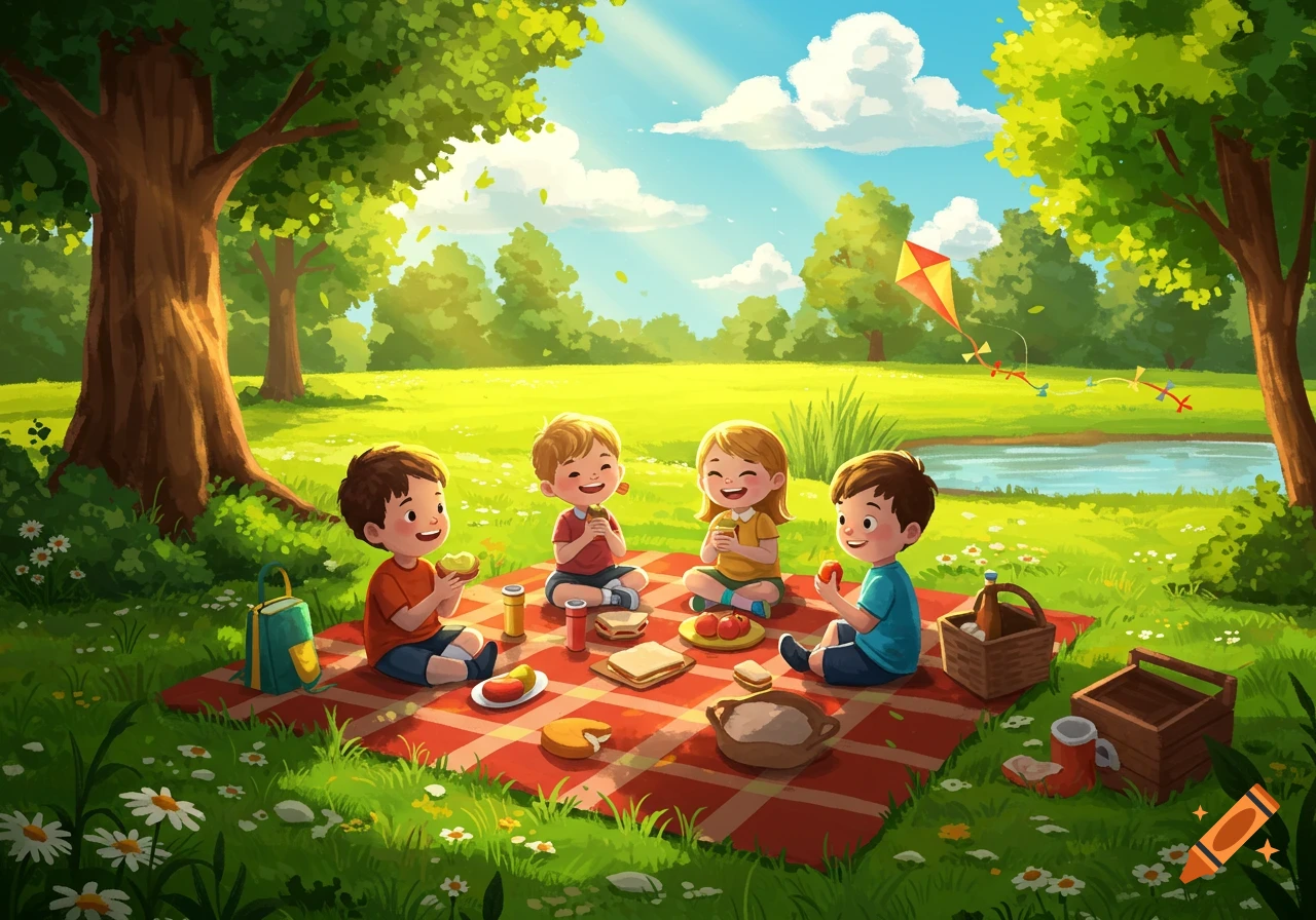 Four happy cartoon children enjoy a sunny picnic on a red checkered blanket in a lush green park with trees, a pond, and a kite.