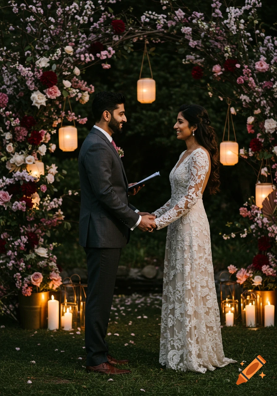 A man and a woman hold hands, exchanging vows under a floral arch illuminated by lanterns and candles at an outdoor wedding.
