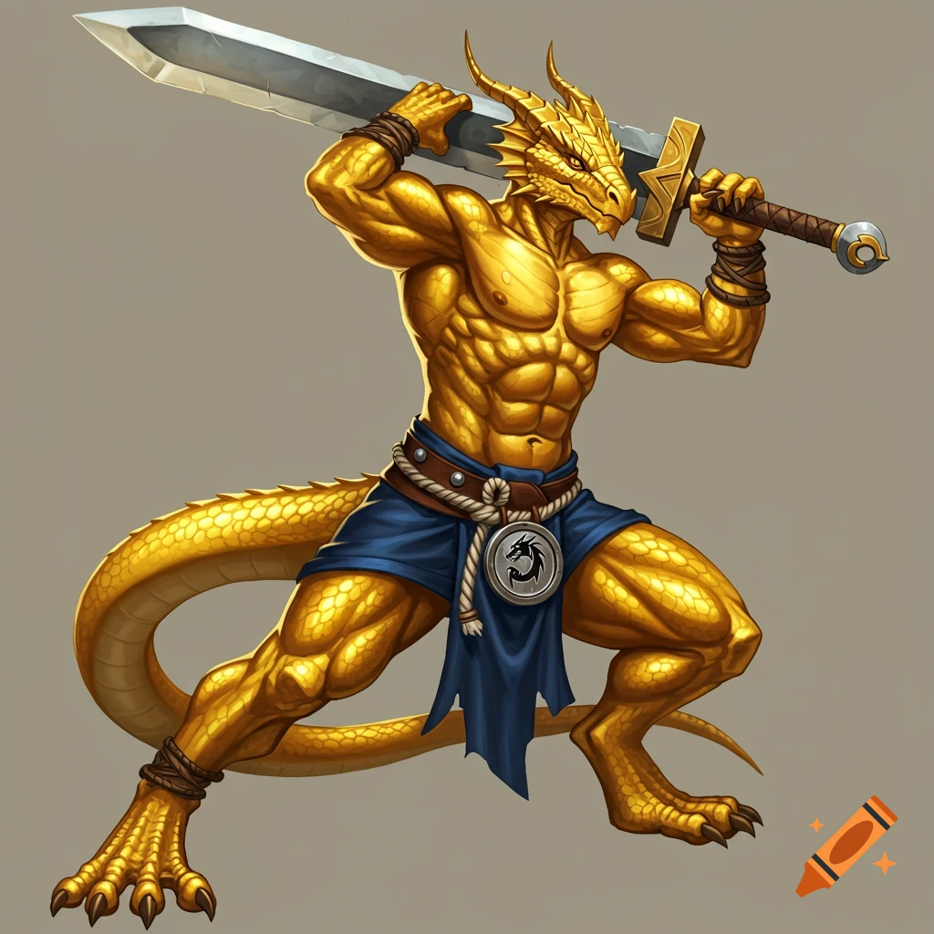 A muscular, golden-scaled dragonborn warrior in a blue loincloth holds a large two-handed sword, in a dynamic battle stance.