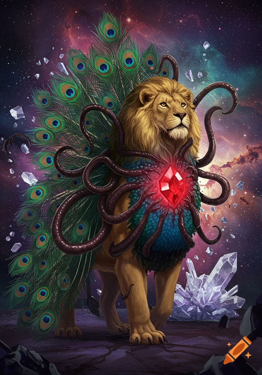 A fantasy creature, part lion, part peacock, with black tentacles and a glowing red chest gem, stands in a cosmic landscape with crystals.