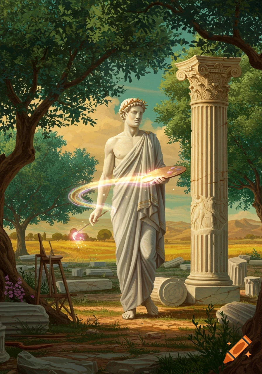 A classical statue-like man with a glowing artist's palette and brush stands among ancient ruins and trees in a vibrant landscape.