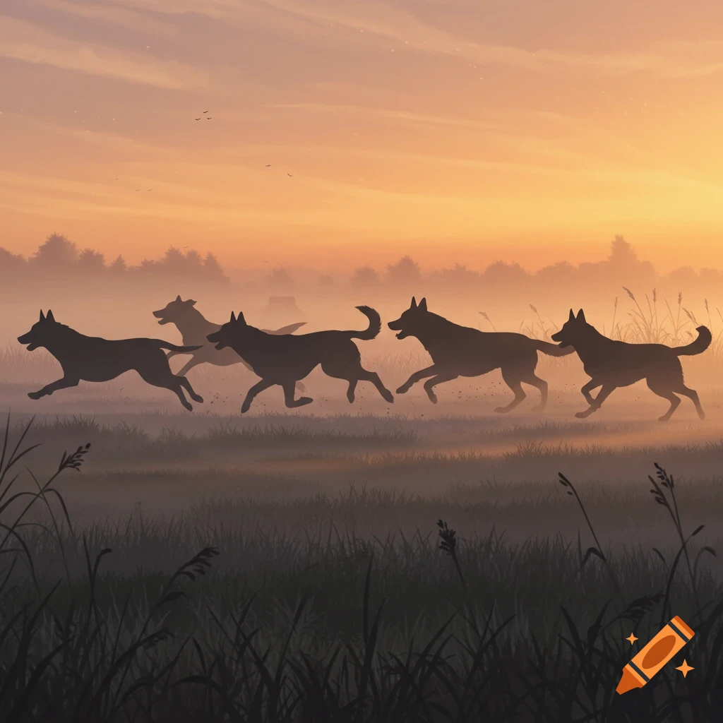 Silhouette of a group of dogs running through a misty field at sunrise, with a warm orange sky.