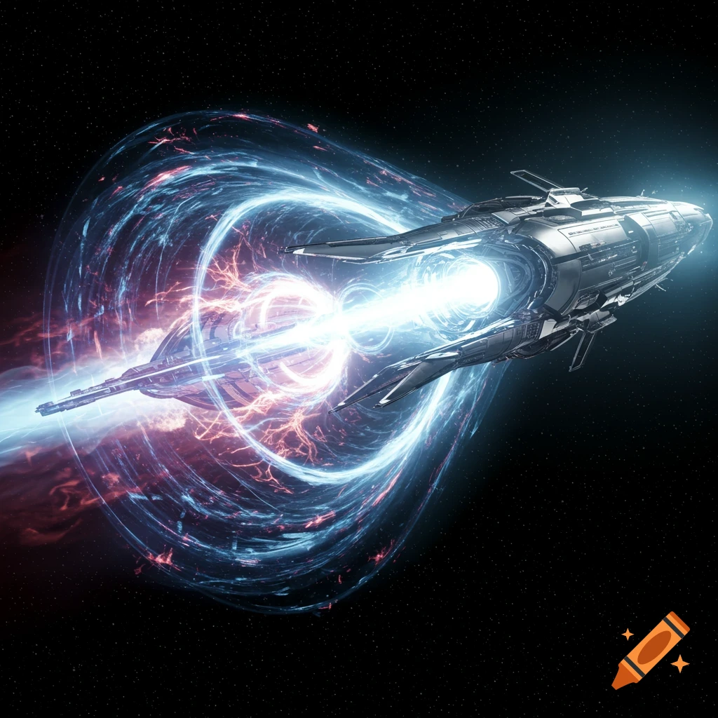 A sleek silver spaceship with a glowing blue warp drive effect travels through the dark starry expanse of space.