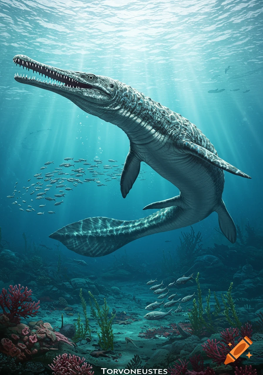 A long-snouted prehistoric marine reptile with sharp teeth swims in clear blue ocean water above a coral reef, surrounded by schools of fish.