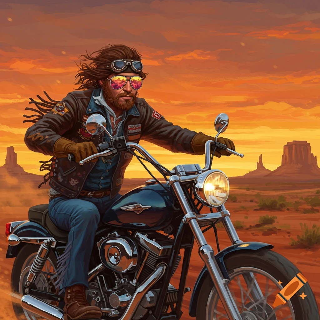 Illustrated man with long hair, beard, and sunglasses rides a motorcycle through a desert at sunset in a 70s biker art style.