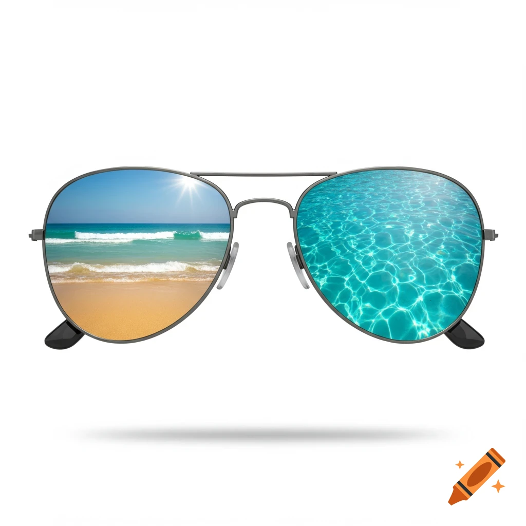 Aviator sunglasses reflecting a sunny beach on one lens and a blue swimming pool on the other, on a white background.