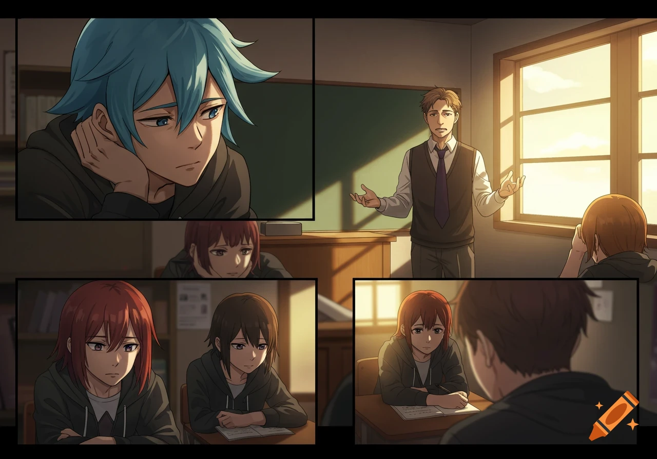 Anime comic page depicting a male teacher speaking to serious-looking students in a sunlit Iranian high school classroom.