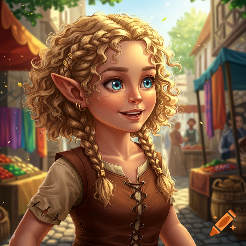A stylized illustration of a young blonde-haired female halfling with pointed ears, blue eyes, and freckles, wearing a brown tunic, standing in a bustling market street.