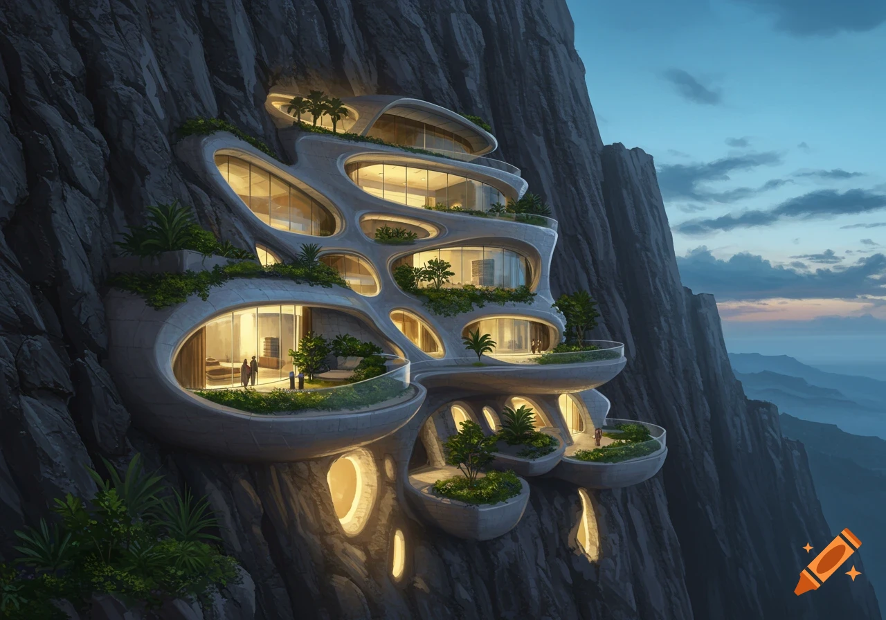 A futuristic, multi-story building with organic shapes built into a steep mountain cliff at dusk, overlooking a vast landscape.