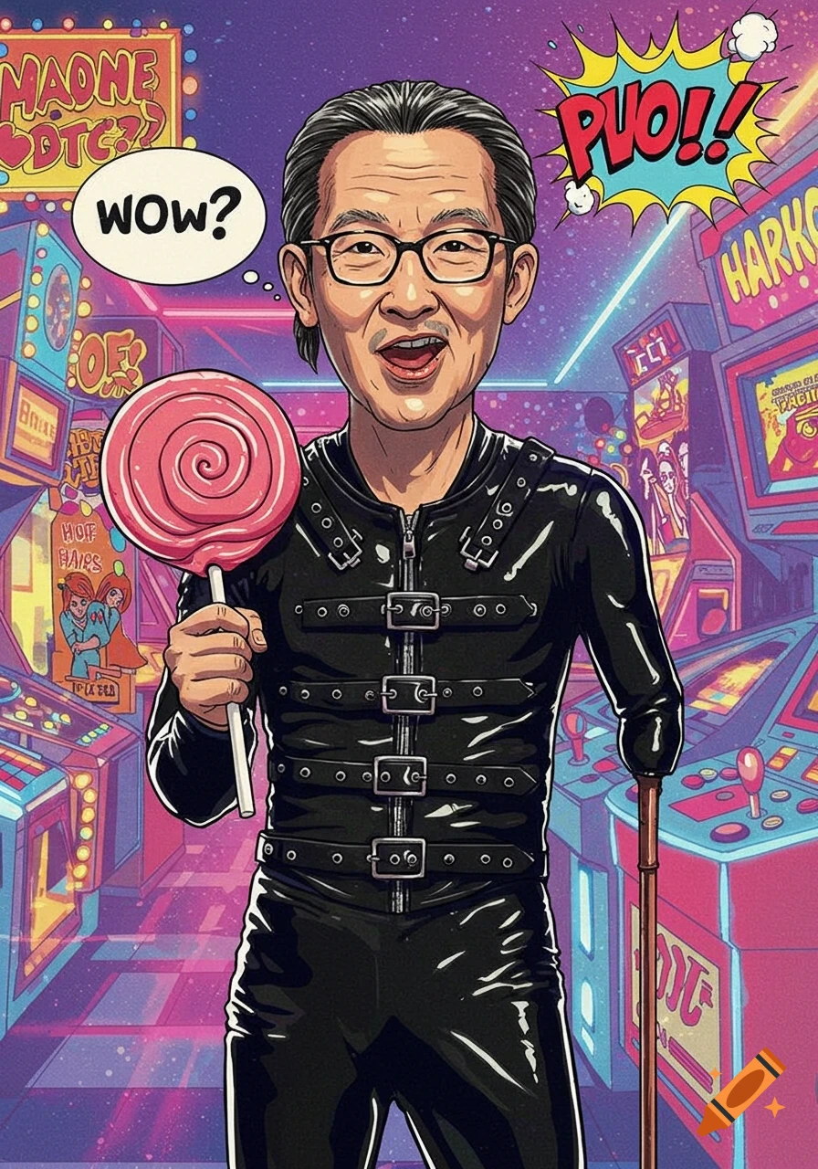 Comic art of an old Asian man in a black leather gimp suit, holding a pink swirl lollipop, smiling in a vibrant neon arcade with speech bubbles.