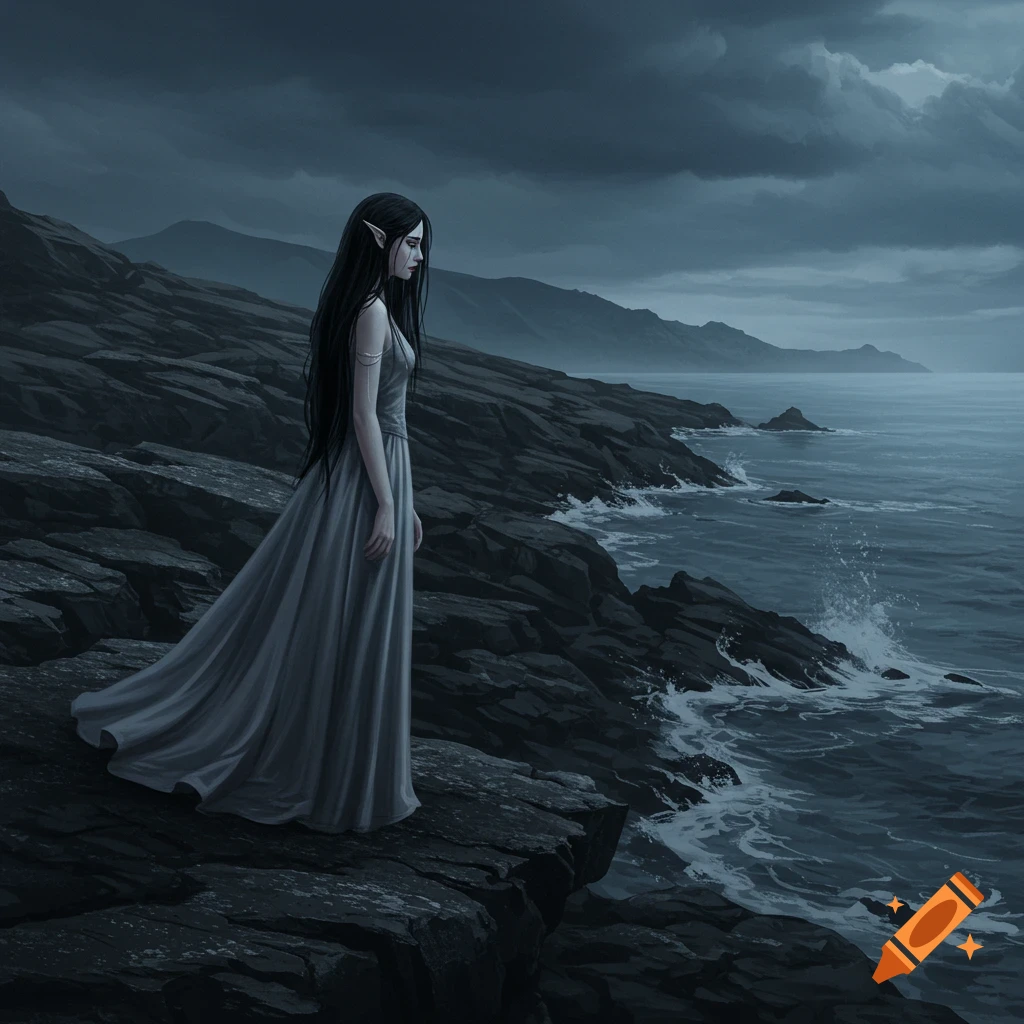 A mournful dark-haired elf woman stands on a rocky cliff overlooking a stormy sea under a grey sky.