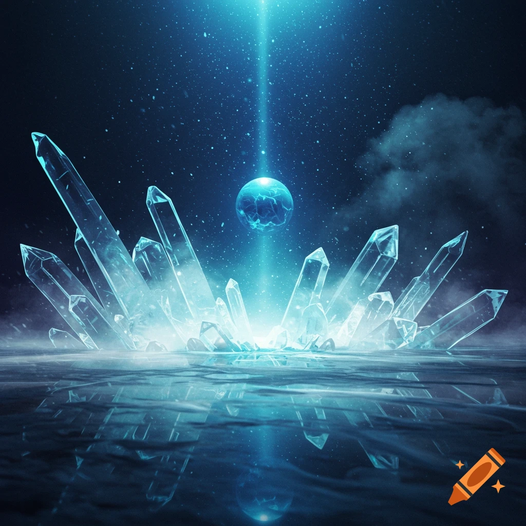 Glowing blue crystals emerge from water under a mysterious light beam and a floating orb in a dark, starry environment.