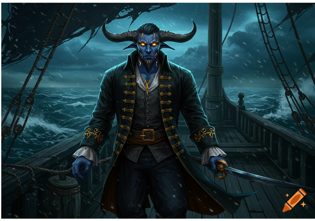 A blue-skinned man with bull horns, dressed in a black pirate coat, stands on a ship in a stormy sea.