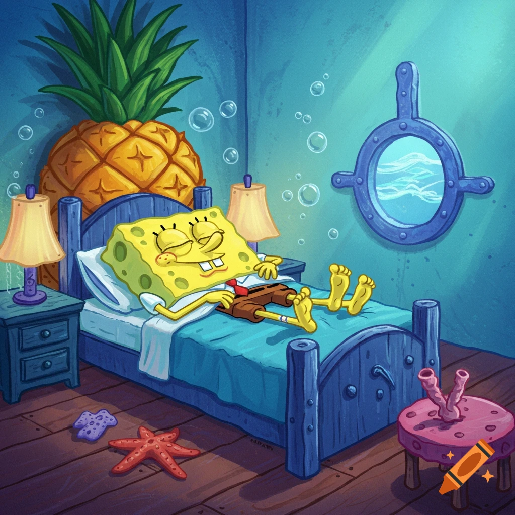 Spongebob Squarepants sleeps peacefully in his blue bed in his pineapple house, with bubbles floating around him.