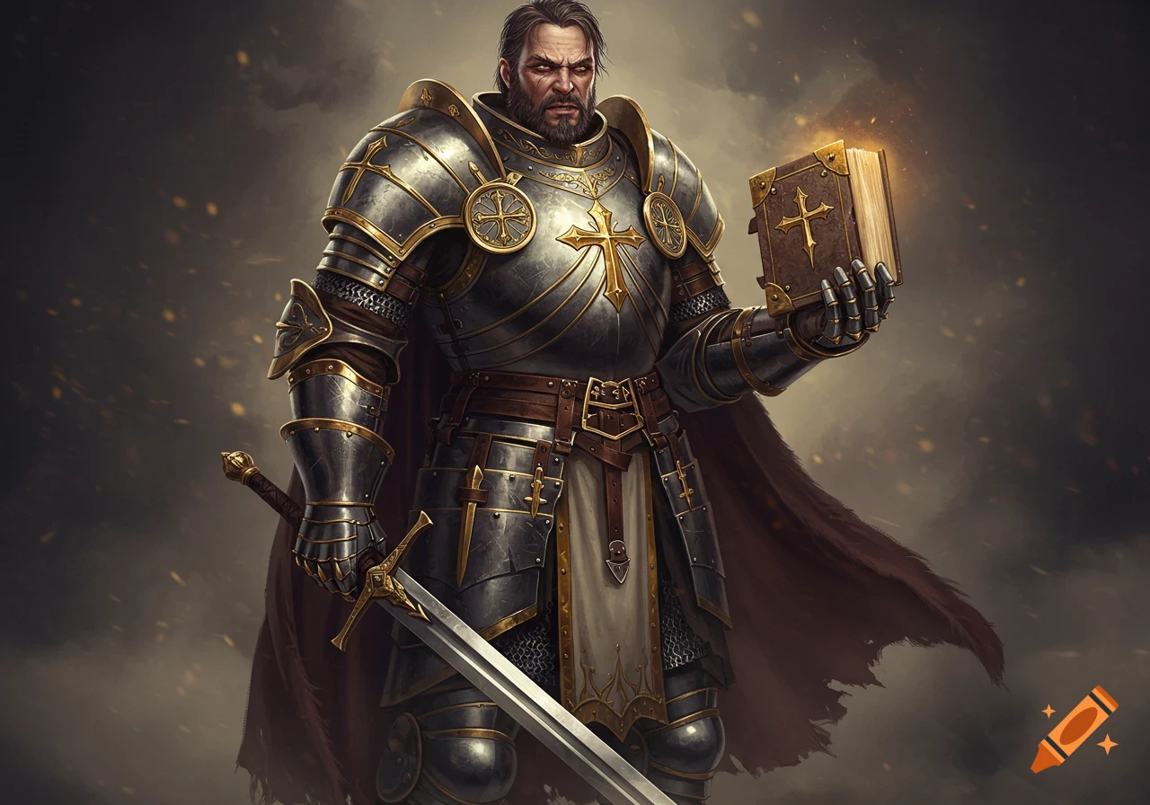 A muscular knight in ornate plate armor holds a glowing book and a longsword, with a resolute expression, against a smoky background.