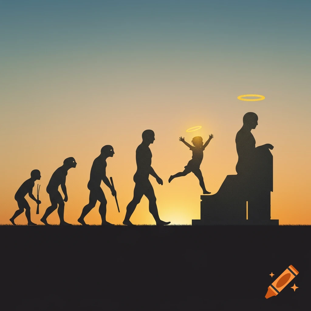 Silhouettes trace human evolution from ape-like figures, through a joyful child with a halo, to a seated angelic figure against a sunset sky.