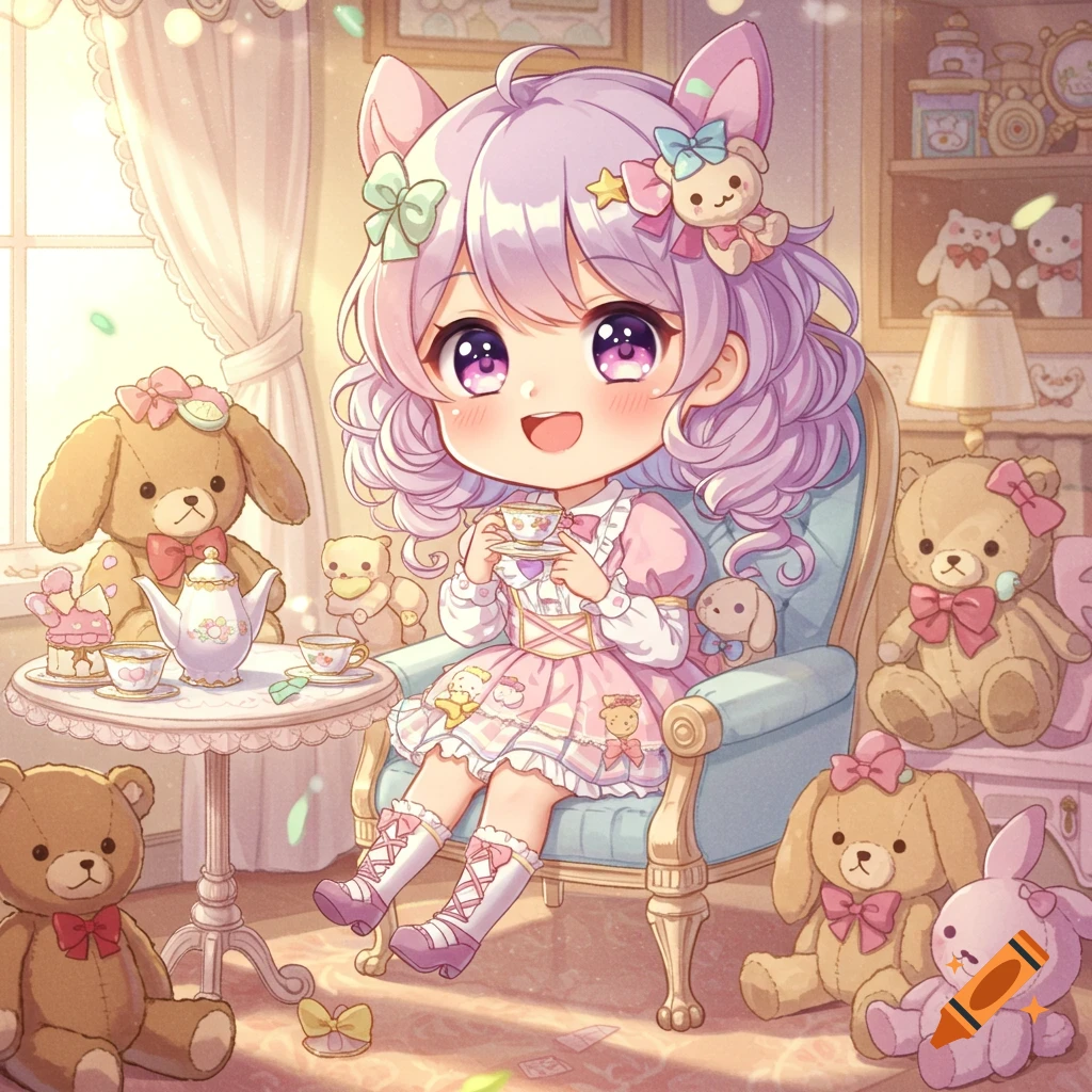 Cute chibi anime girl with purple hair having a tea party with stuffed animals in a bright, cozy room.