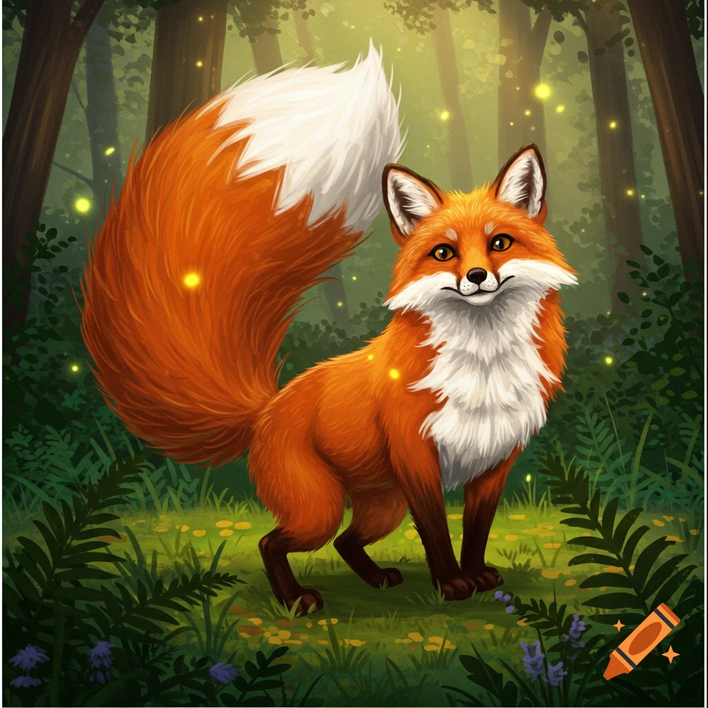 A cute, stylized orange fox with a fluffy white-tipped tail stands in a mystical forest with glowing fireflies.