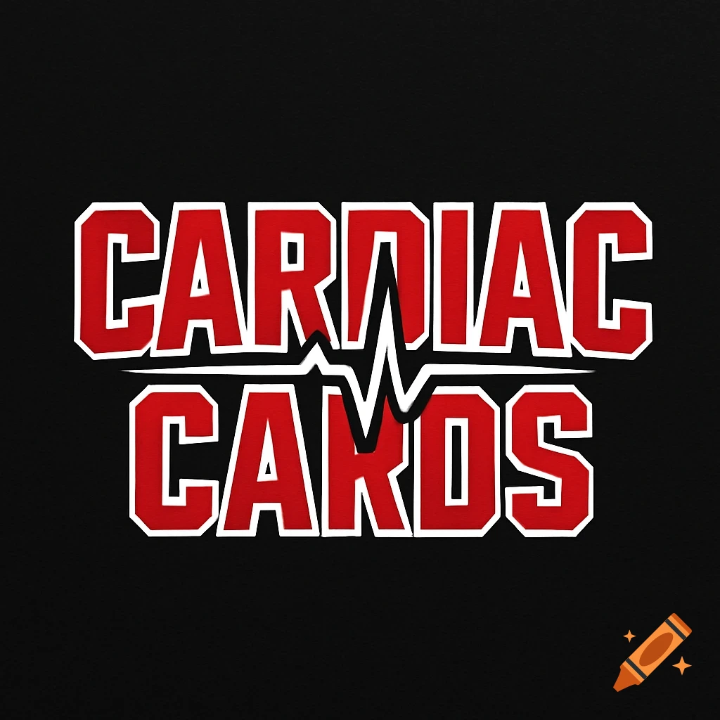A red and white text logo for 'Cardiac Cards' with a black heartbeat line in the center.