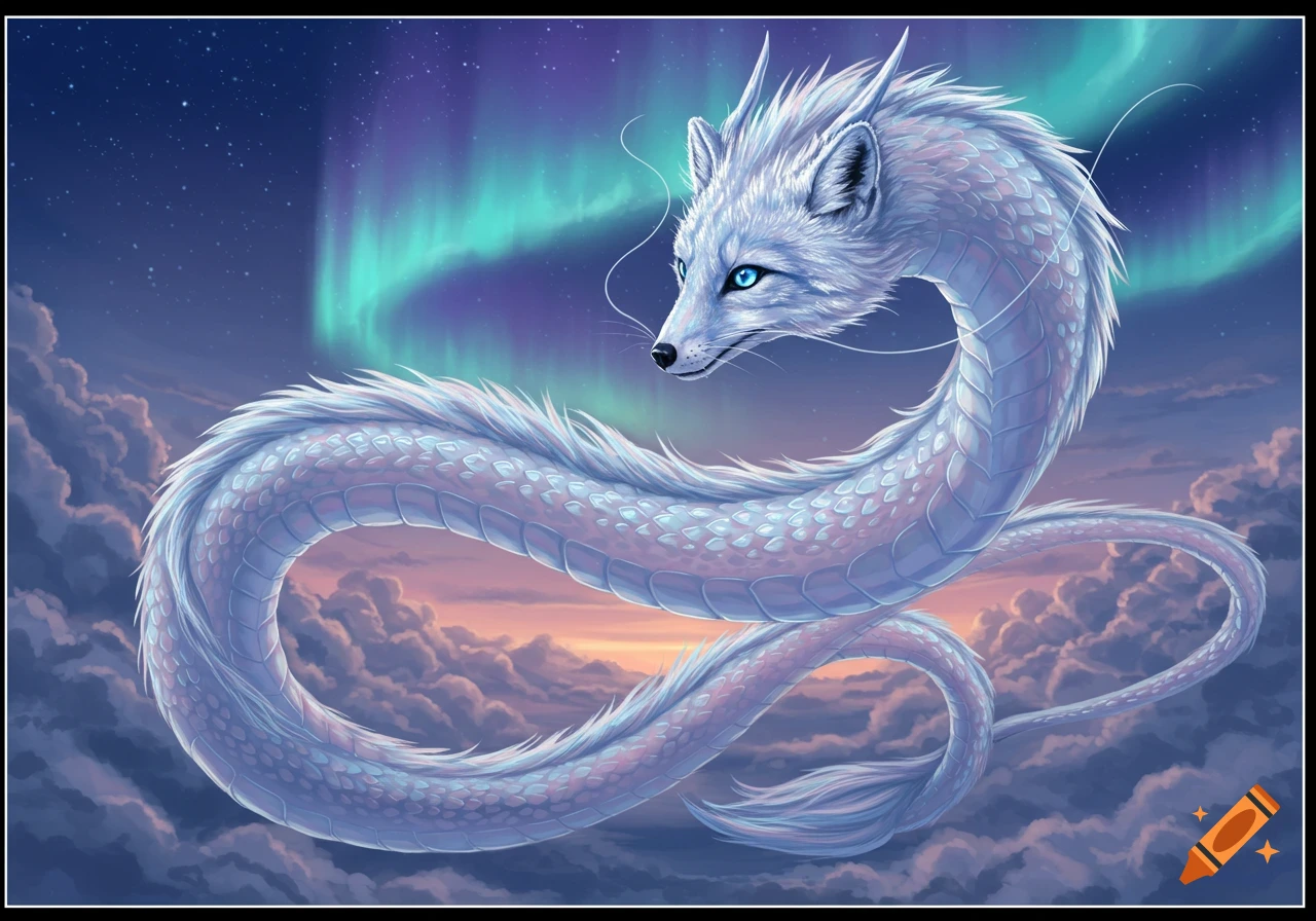 A white dragon with an arctic fox head flies through a twilight sky with aurora borealis.
