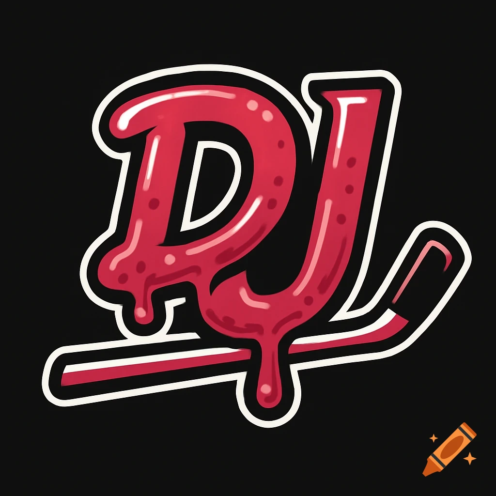 A red, jelly-like 'DJ' logo with a white outline, stylized as a hockey stick, on a black background.