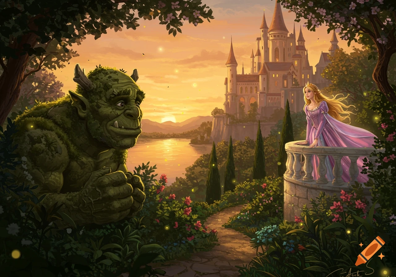 A large green ogre looks towards a beautiful princess on a castle balcony at sunset, overlooking a lake.