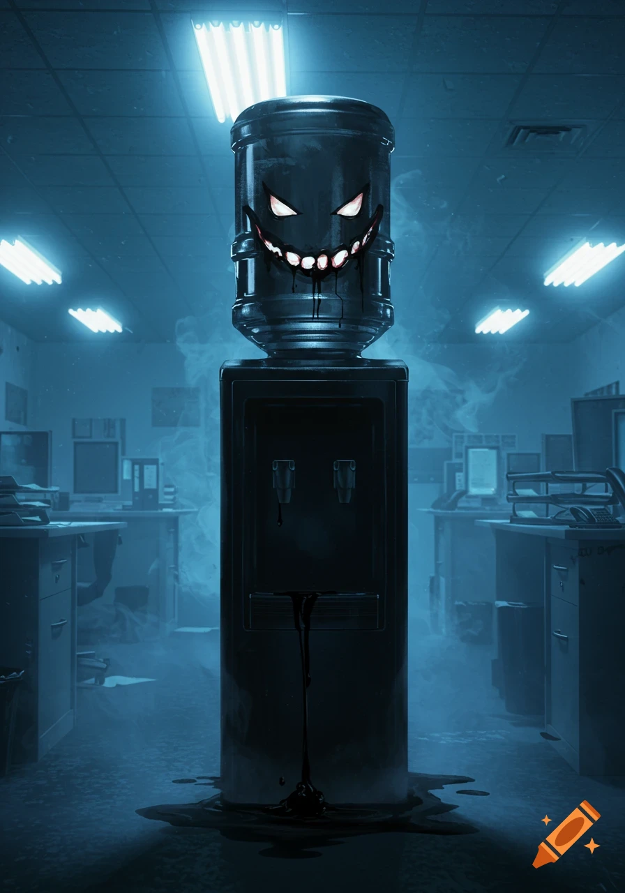 A dark, stylized water cooler with glowing red eyes and a sharp-toothed grin drips black liquid in a dimly lit office.