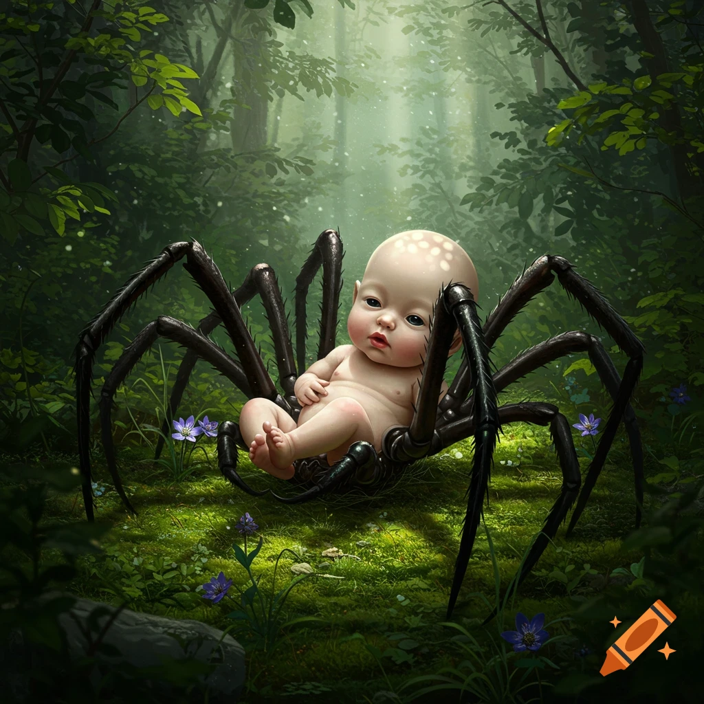 A baby with spider legs sits on a mossy forest floor, surrounded by lush green foliage and sunbeams.