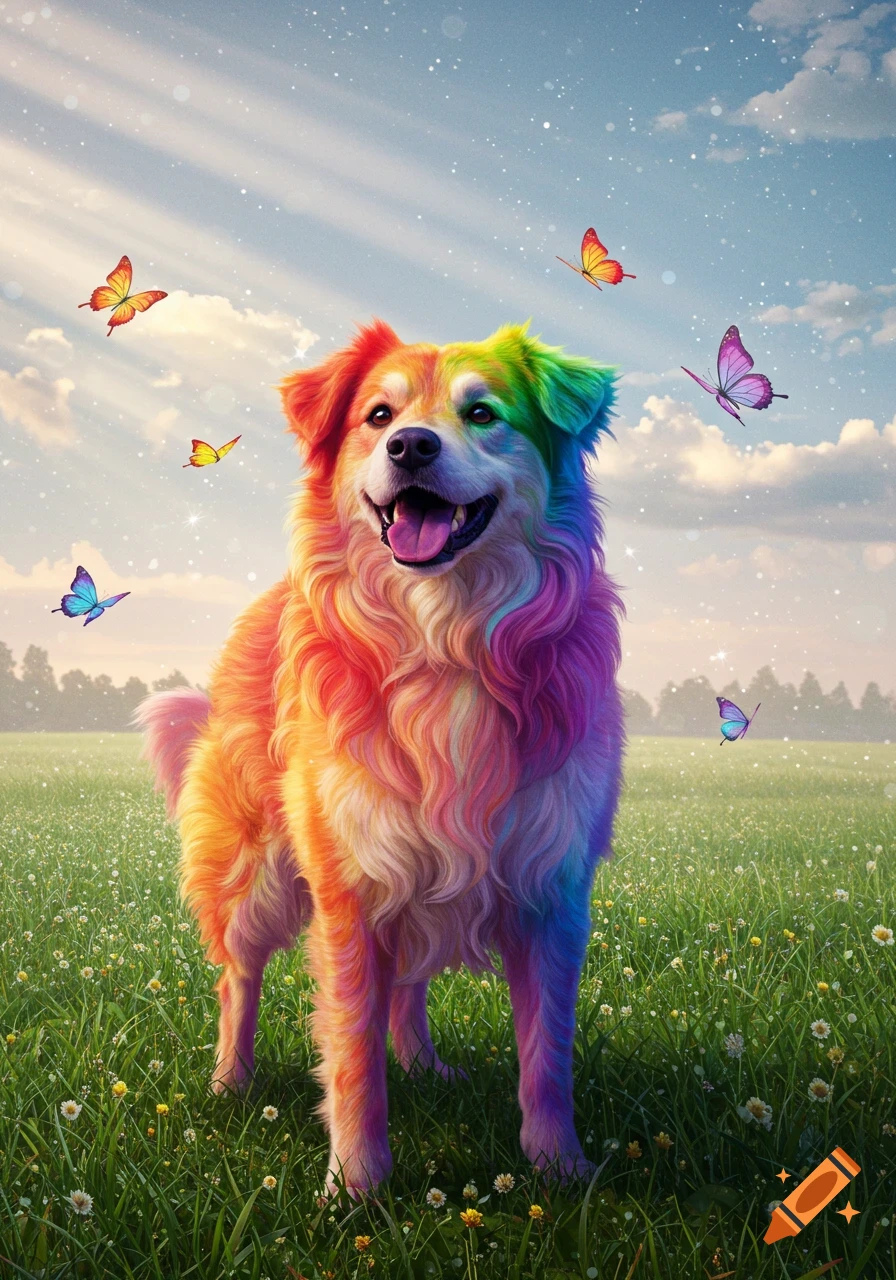 A vibrant rainbow-colored dog stands in a sunny green field with colorful butterflies flying around it under a blue sky.
