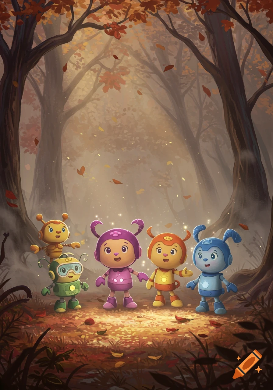 Animated Team Umizoomi characters stand in a dusty, foggy autumn forest with falling leaves.