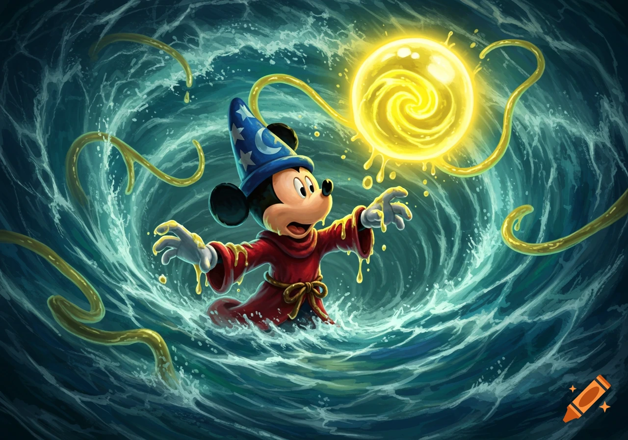 Sorcerer Mickey struggles in a swirling blue whirlpool, covered in yellow goo dripping from a glowing orb.